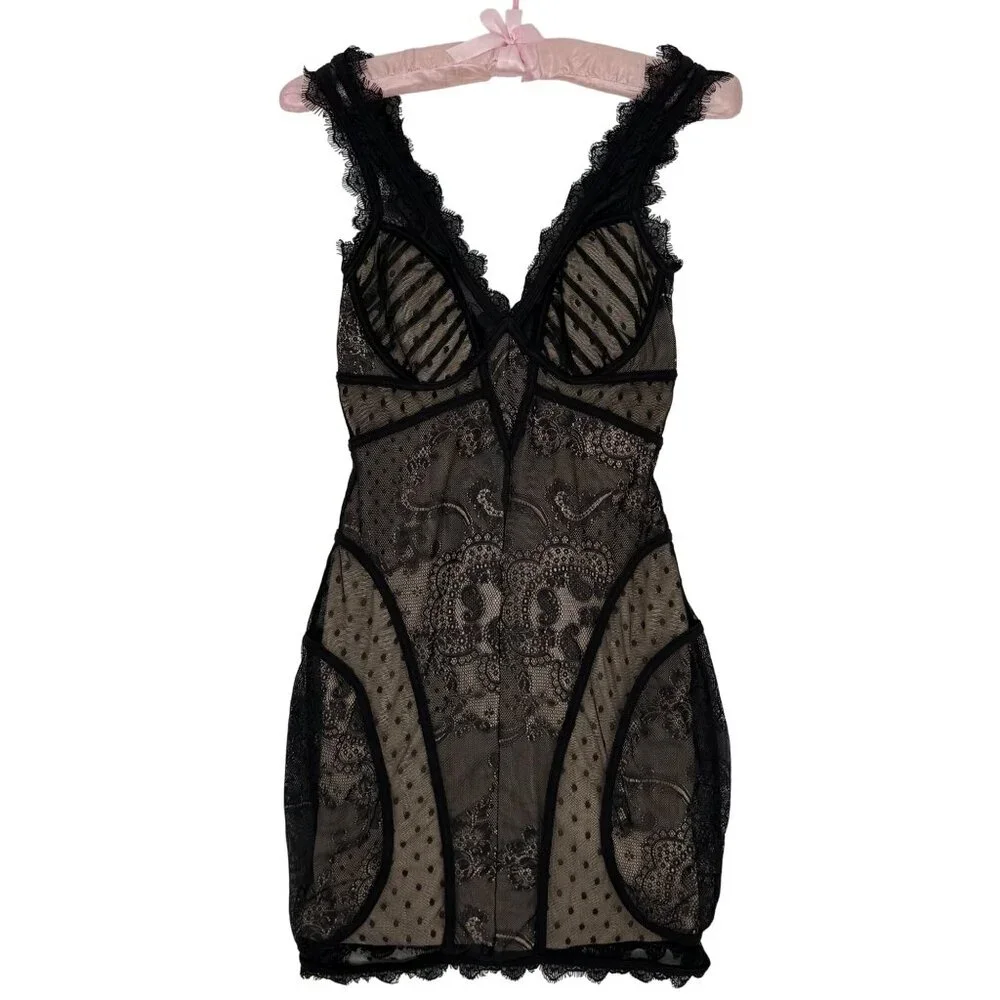 Vintage Bebe Nude & Black Lace Corset Style Mini Dress XS| Femme Fatale Coquette - Picture 2 of 16